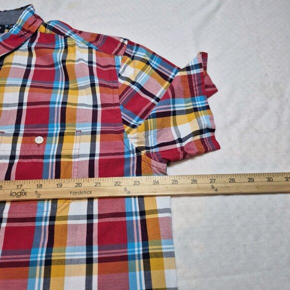 Roundtree & Yorke Men's Size L Short Sleeve Shirt Plaid Red Blue Button Up (56 - Picture 7 of 8